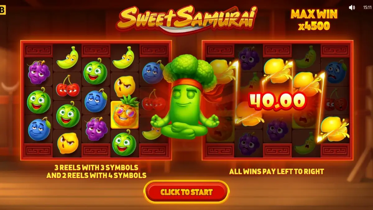 Ang Broccoli Samurai sa loob ng isang makulay na dojo sa Sweet Samurai slot